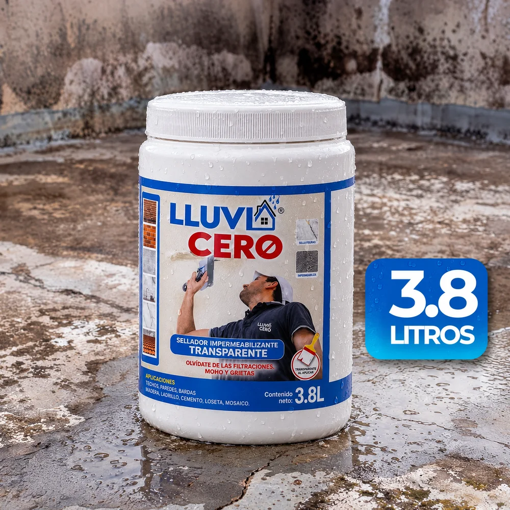 Galón de Lluvia Cero transparente sobre una azotea mojada