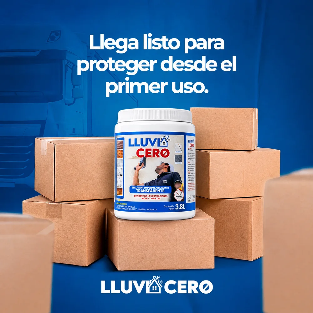 Galón de Lluvia Cero entre cajas, listo para envío